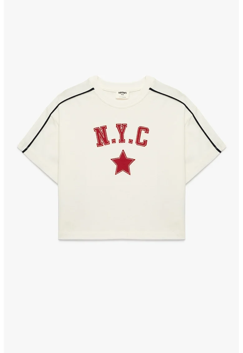 Tricou cu decolteu la baza gatului si imprimeu grafic, Alb