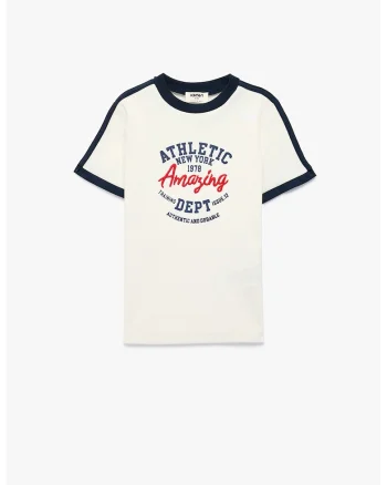 Tricou cu decolteu la baza gatului si imprimeu text, Alb