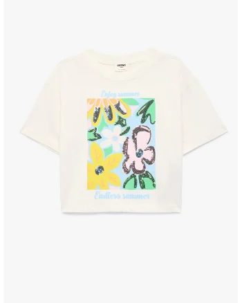 Tricou de bumbac cu model floral, Alb