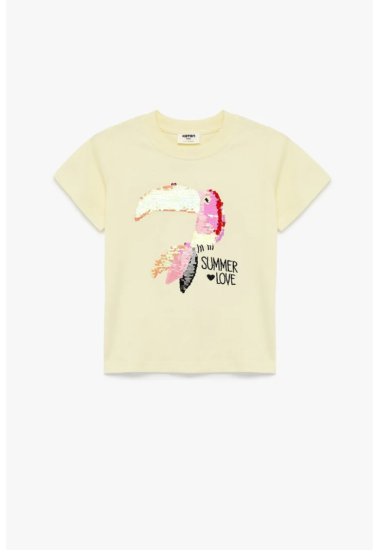 Tricou de bumbac cu model toucan cu paiete, Galben pal