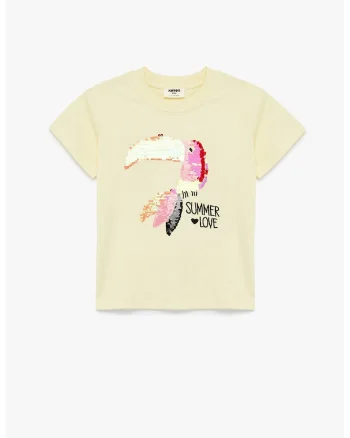 Tricou de bumbac cu model toucan cu paiete, Galben pal
