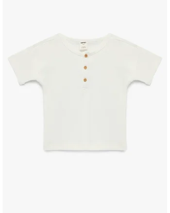Tricou uni cu fenta cu nasturi, Alb