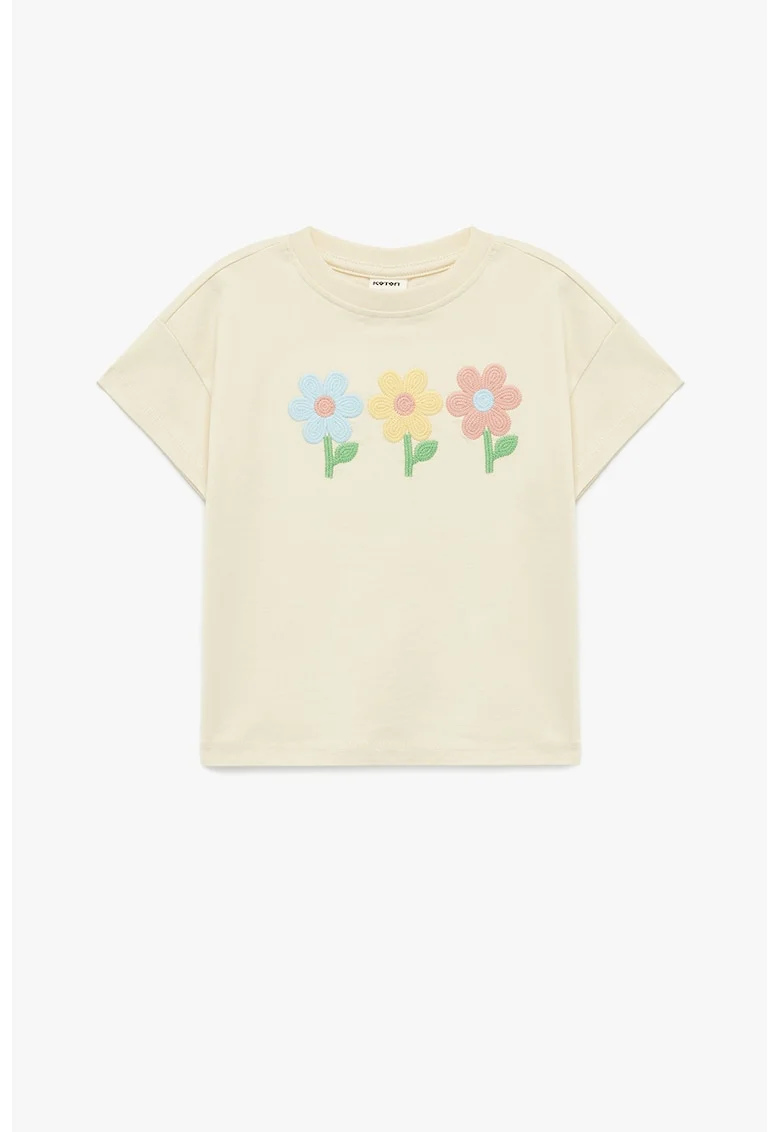 Tricou cu decolteu la baza gatului si imprimeu floral brodat, Crem