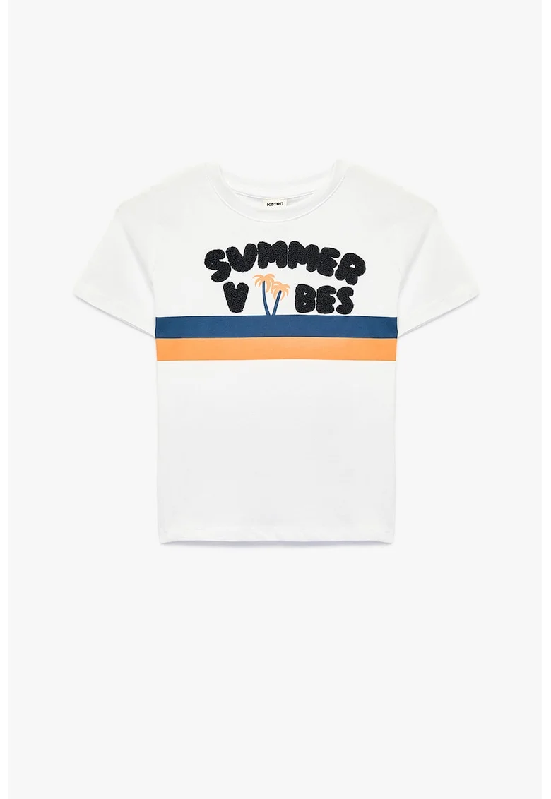 Tricou de bumbac cu text brodat, Alb