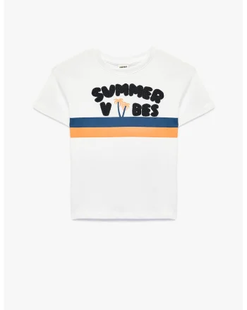 Tricou de bumbac cu text brodat, Alb