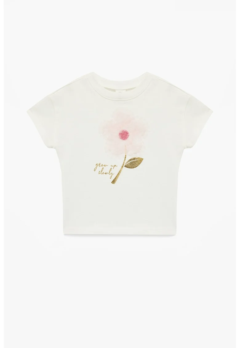 Tricou de bumbac cu aplicatie florala, Alb