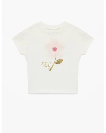 Tricou de bumbac cu aplicatie florala, Alb