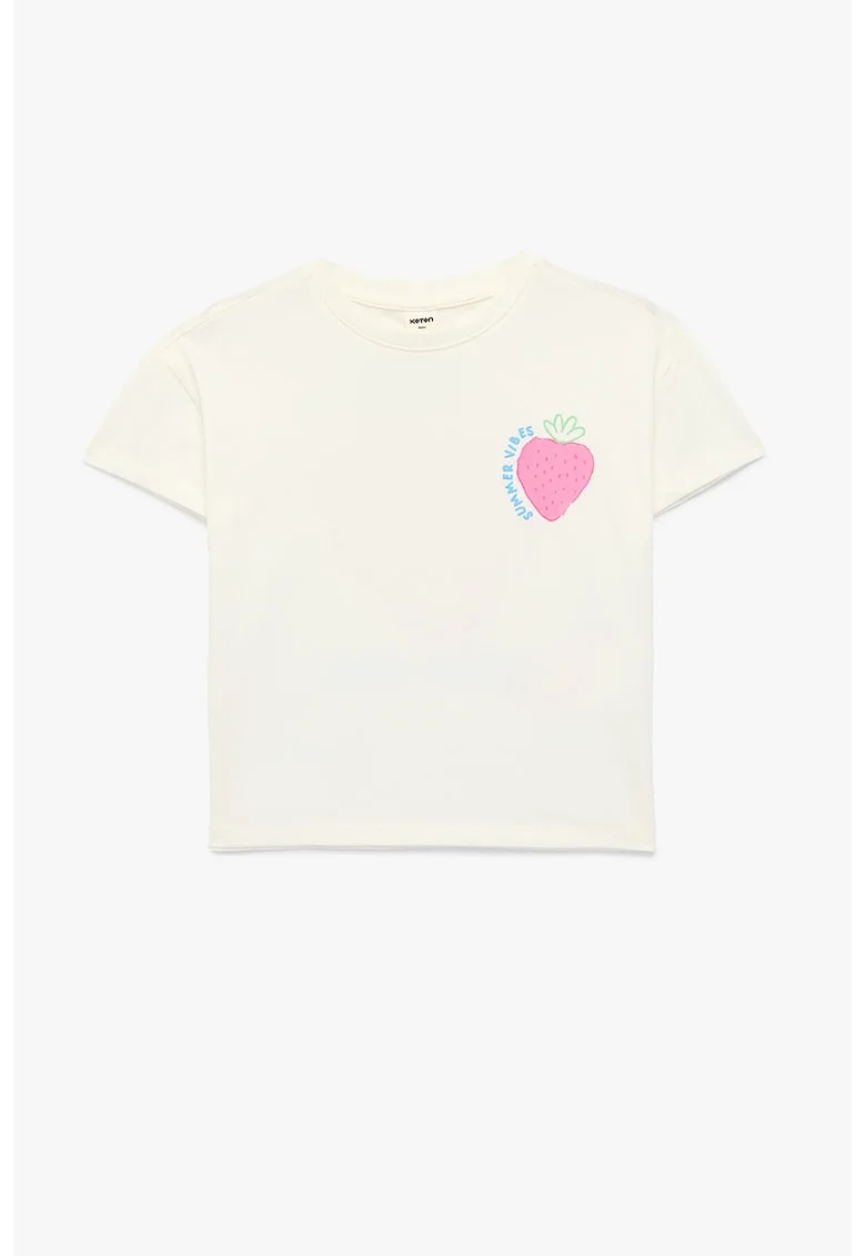 Tricou cu decolteu la baza gatului si imprimeu text si grafic, Alb