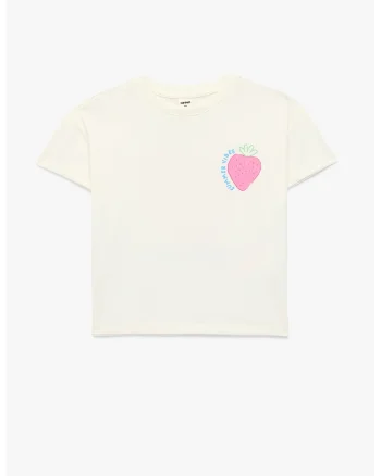 Tricou cu decolteu la baza gatului si imprimeu text si grafic, Alb