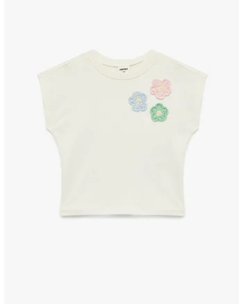 Tricou de bumbac cu aplicatii florale, Alb
