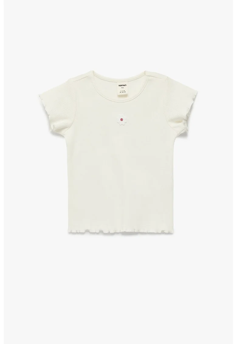 Tricou striat din amestec de bumbac cu aplicatie florala, Crem