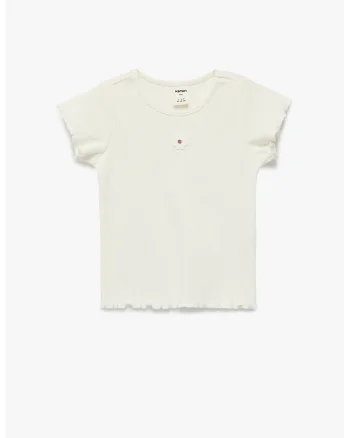 Tricou striat din amestec de bumbac cu aplicatie florala, Crem