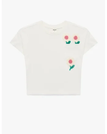 Tricou de bumbac cu buzunar pe piept si aplicatii florale, Alb