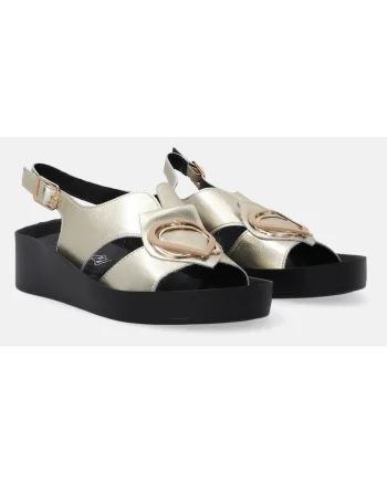 Sandale wedge din piele cu detaliu metalic uni