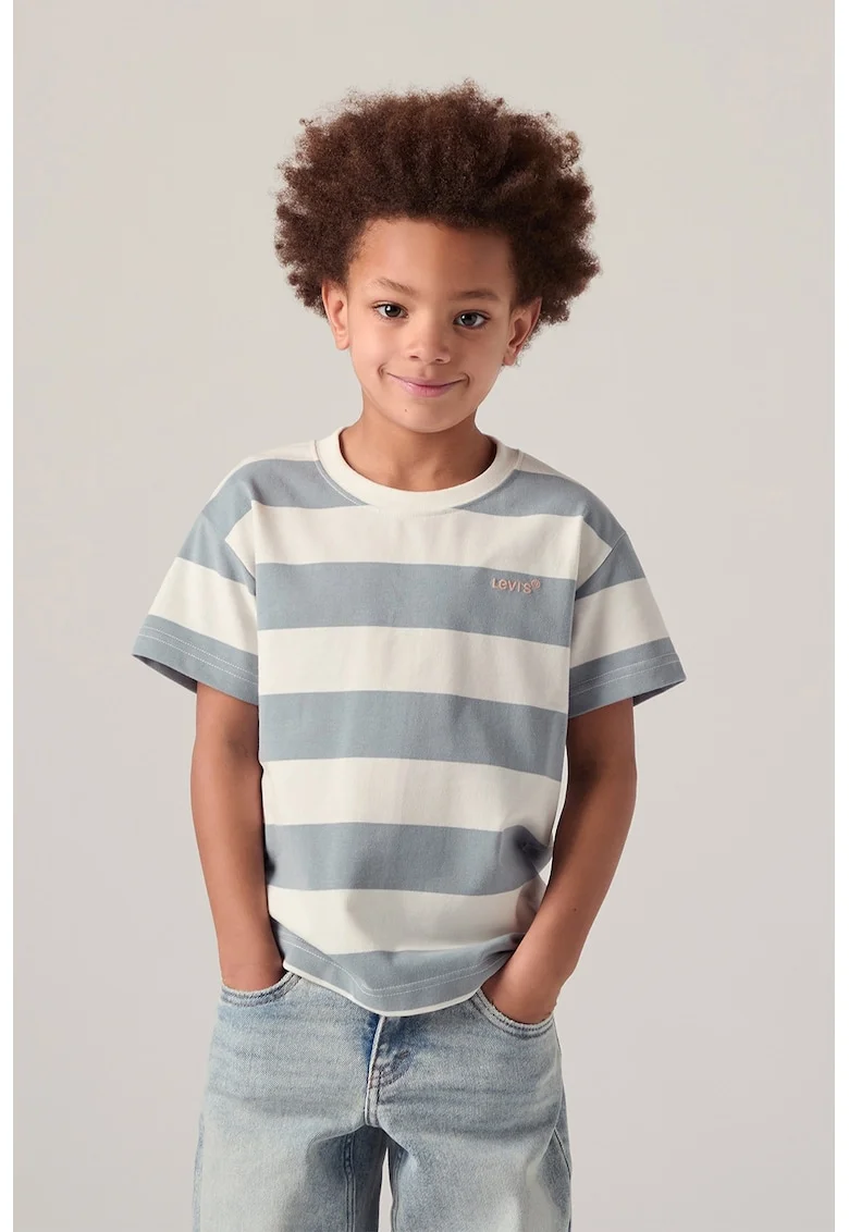 Tricou din amestec de bumbac cu model in dungi, Albastru prafuit/Alb murdar