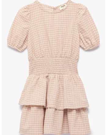Rochie evazata in carouri, Roz pastel/Bej