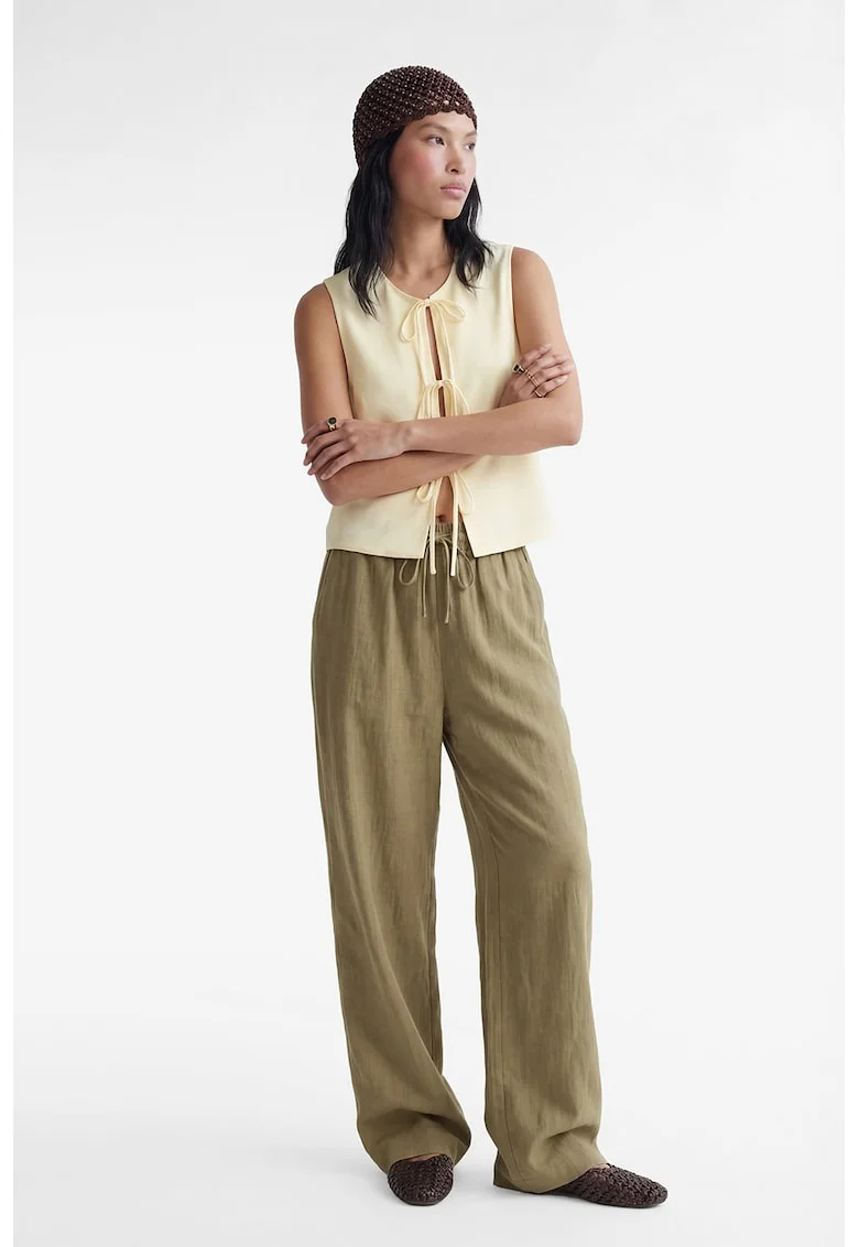 Pantaloni din amestec de in cu snur si croiala ampla, Verde masliniu