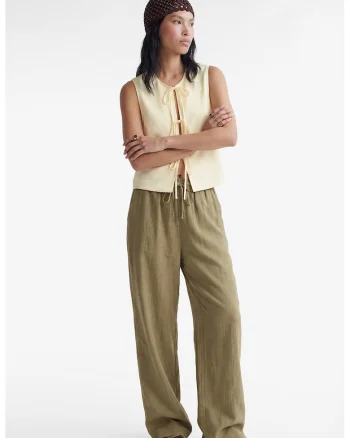 Pantaloni din amestec de in cu snur si croiala ampla, Verde masliniu