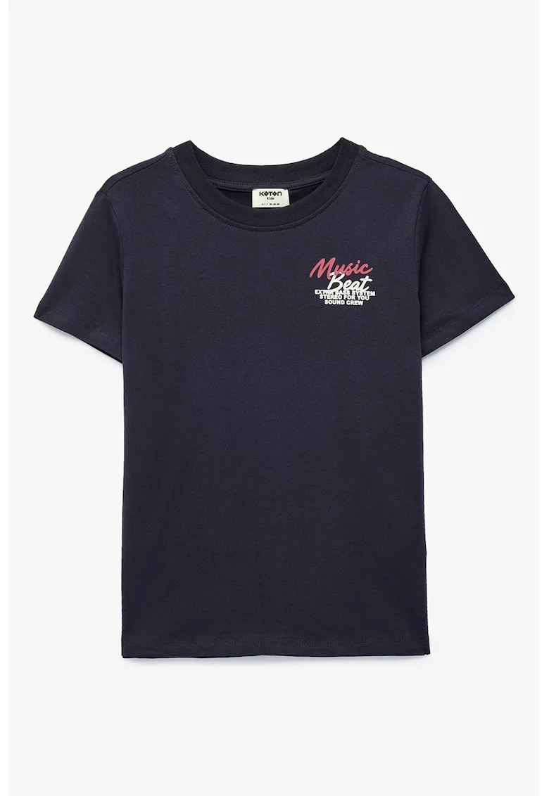 Tricou de bumbac cu imprimeu text pe spate, Bleumarin