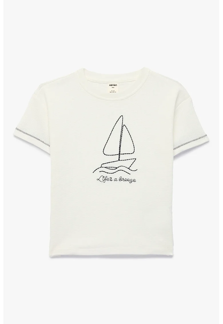 Tricou de bumbac cu broderie, Negru stins/Alb murdar