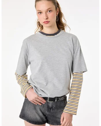 Tricou din bumbac cu aplicatii cu paiete, Gri deschis melange