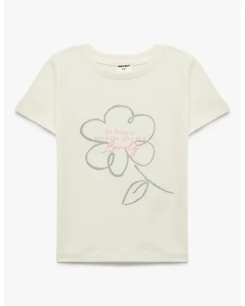 Tricou de bumbac cu imprimeu text si floare, Bej deschis