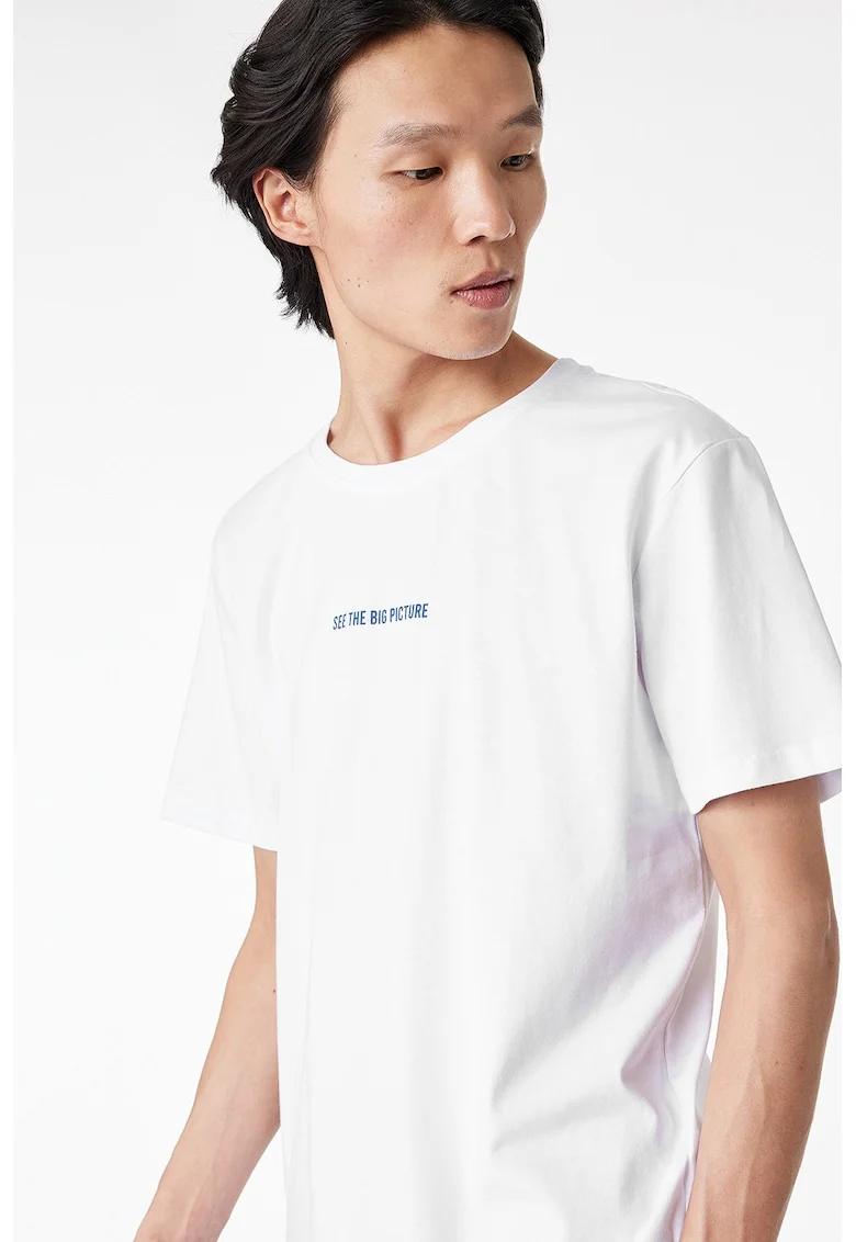 Tricou cu decolteu rotund si imprimeu text, Alb optic
