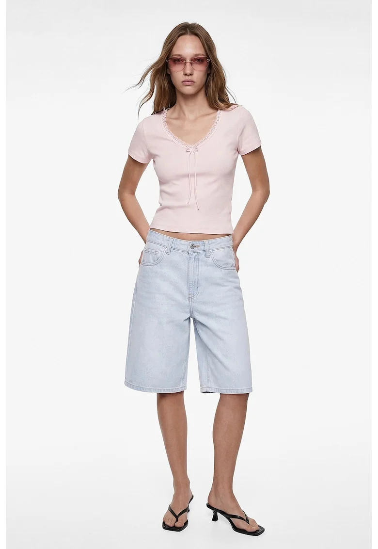 Tricou crop cu decolteu in V, Roz pastel