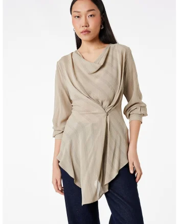 Bluza asimetrica cu dungi si decolteu in V, Bej deschis
