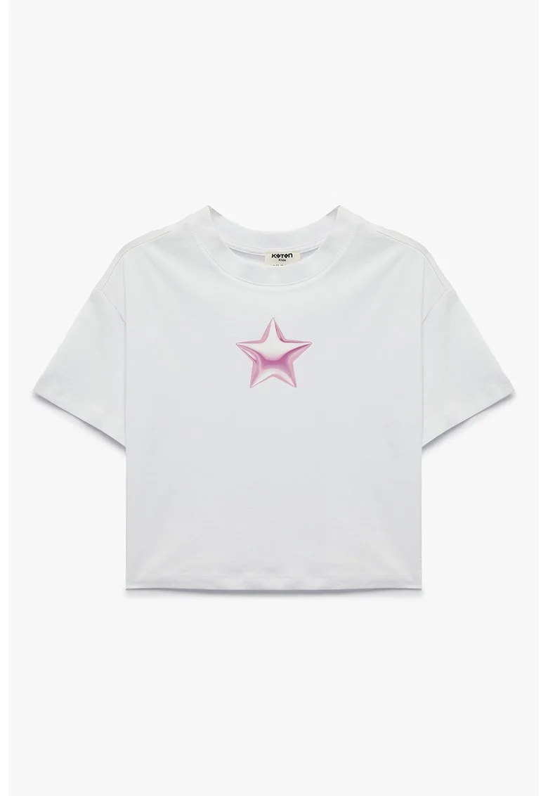Tricou de bumbac cu imprimeu grafic, Roz pastel/Alb optic