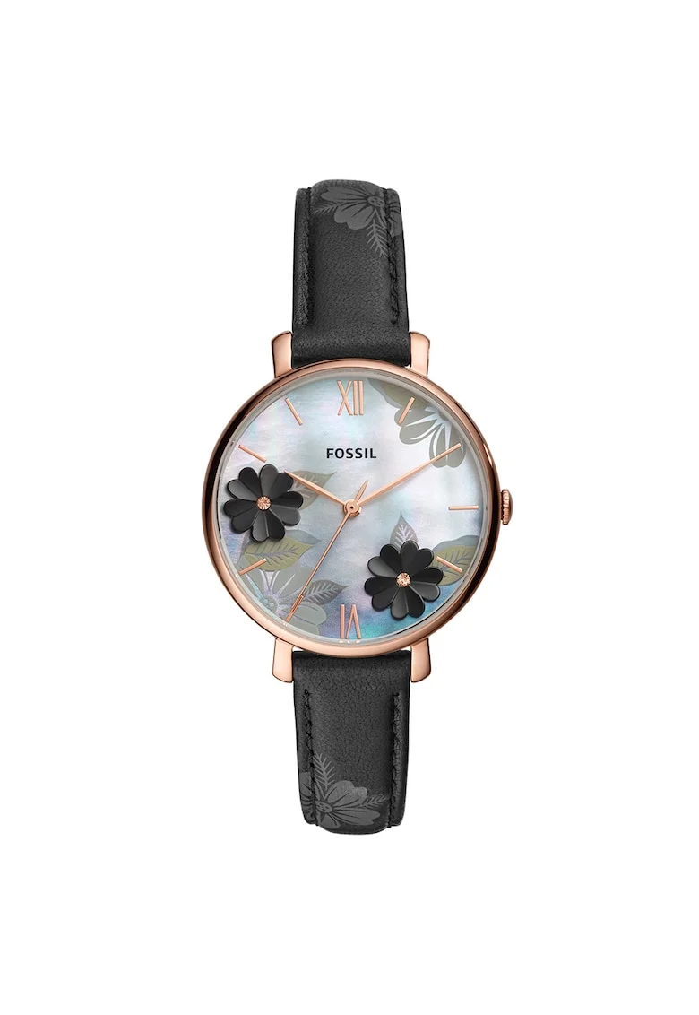 Ceas quartz cu cadran cu model floral, Negru
