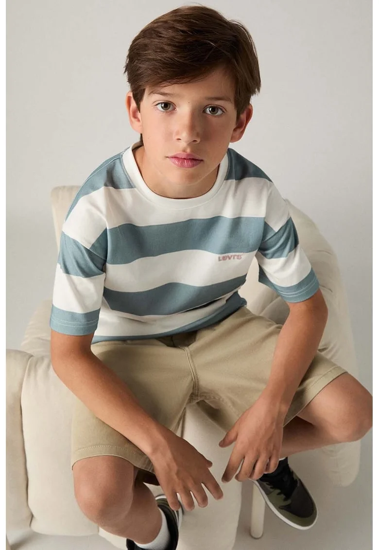 Tricou cu decolteu la baza gatului Big Stripe, Albastru prafuit/Alb optic