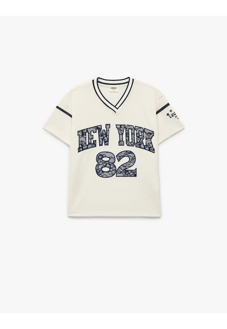 Tricou cu decolteu in V, Alb murdar/Gri inchis