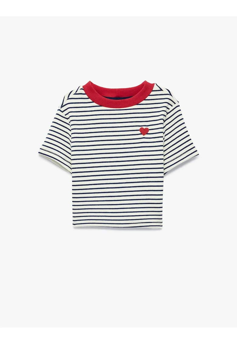 Tricou slim-fit cu inima brodata si dungi, Alb/Negru/Rosu vermillion