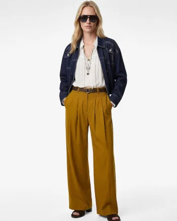 Pantaloni plisati cu croiala ampla, Caramel