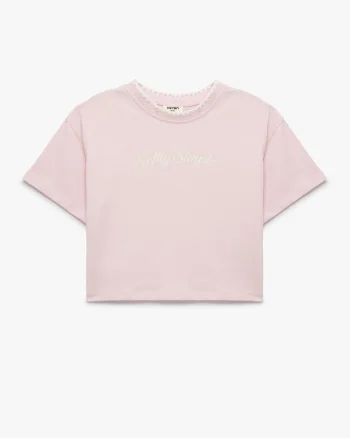 Tricou din bumbac cu imprimeu text, Roz pastel/Alb murdar