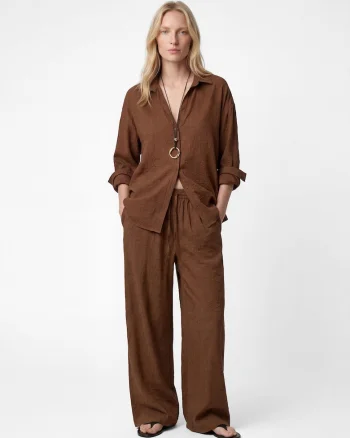 Pantaloni texturati din amestec de modal cu snur, Maro
