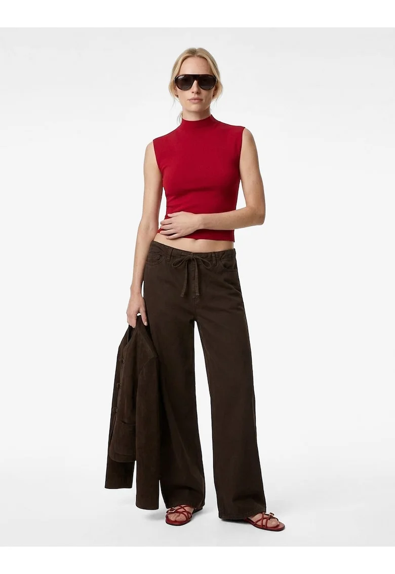 Pantaloni de bumbac cu croiala ampla si talie ajustabila, Maro inchis
