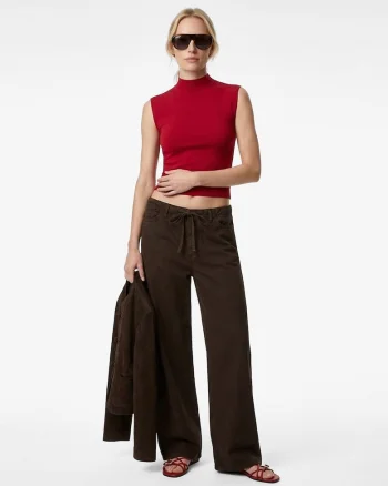 Pantaloni de bumbac cu croiala ampla si talie ajustabila, Maro inchis