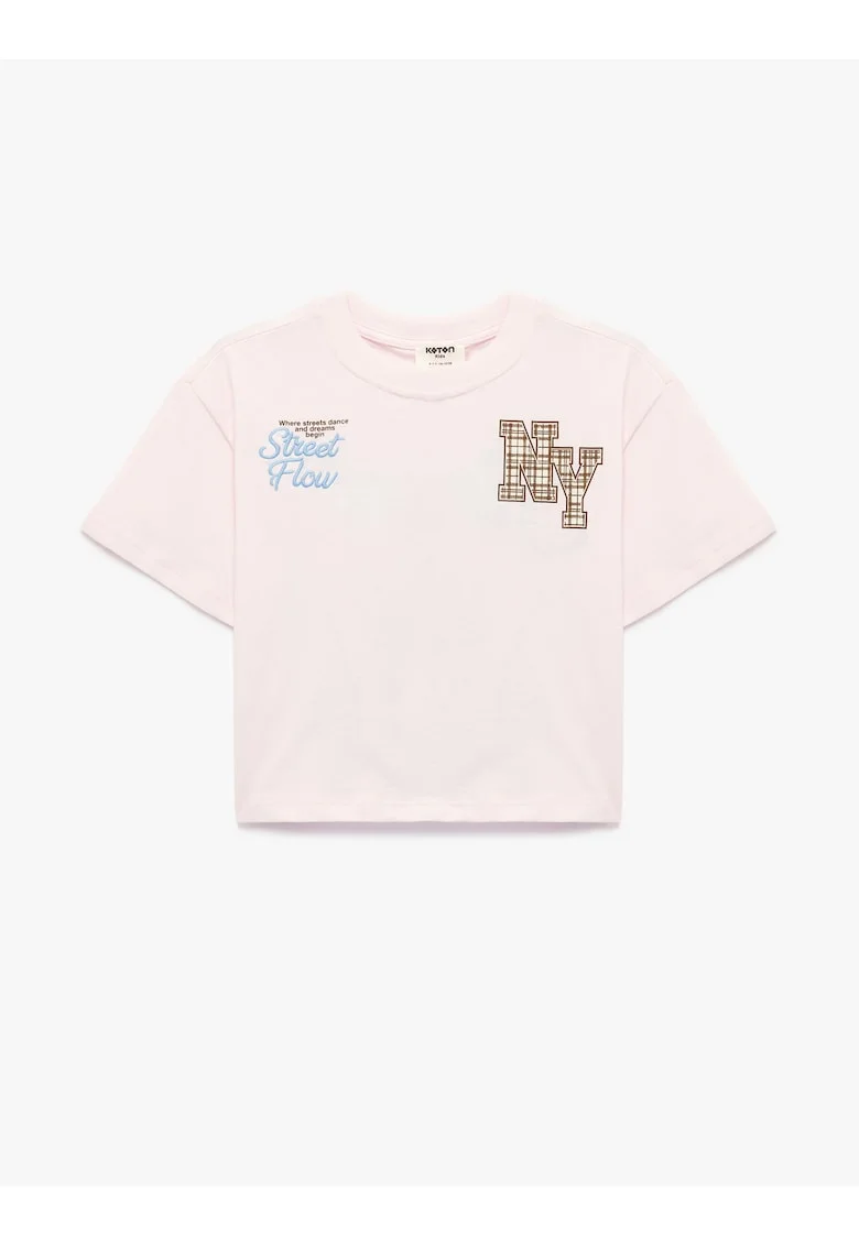 Tricou din bumbac cu imprimeu text, Albastru pastel/Roz deschis/Maro pamantiu