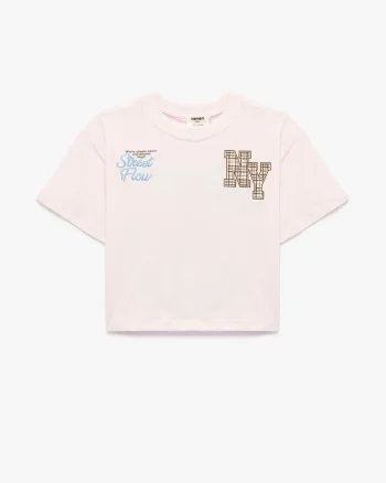 Tricou din bumbac cu imprimeu text, Albastru pastel/Roz deschis/Maro pamantiu