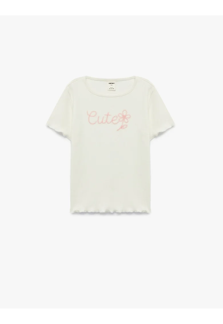Tricou striat cu detaliu brodat, Verde pal/Roz pal