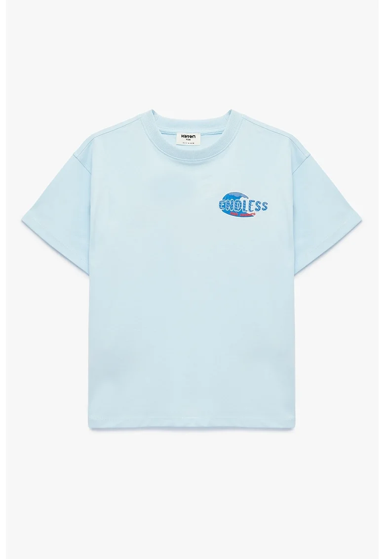 Tricou cu imprimeu si decolteu la baza gatului, Albastru glaciar