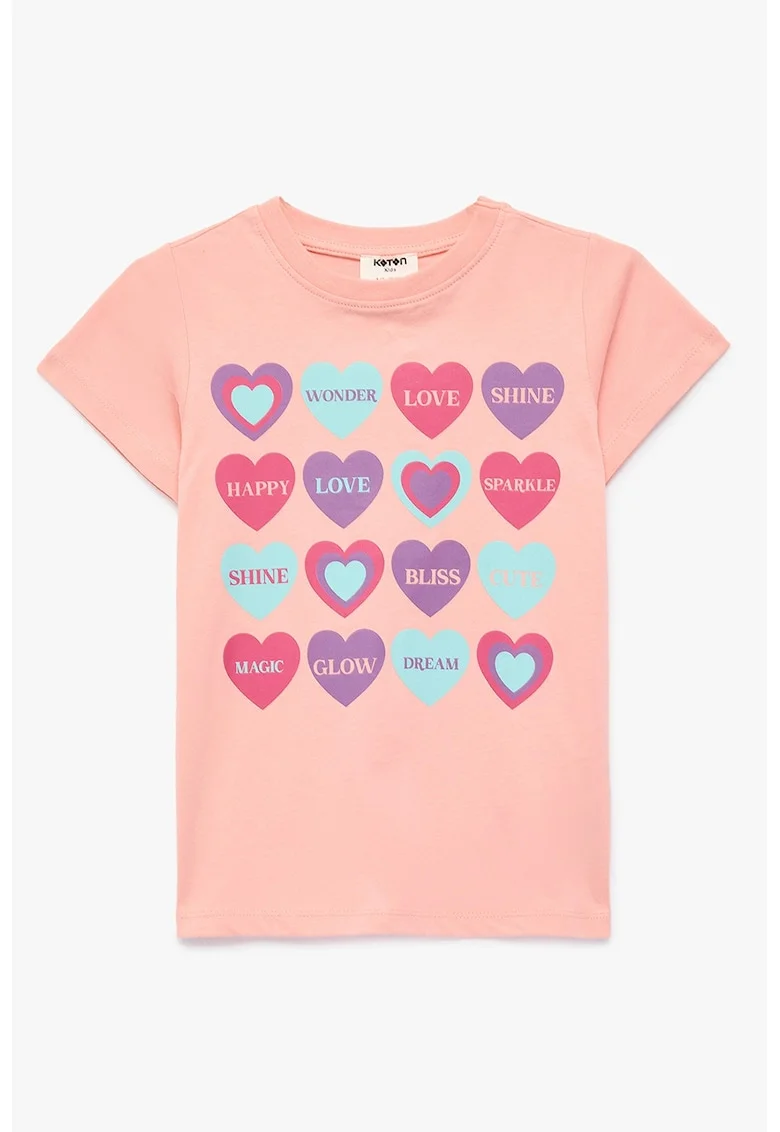 Tricou de bumbac cu imprimeu cu inimi, Roz pastel