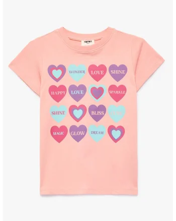 Tricou de bumbac cu imprimeu cu inimi, Roz pastel