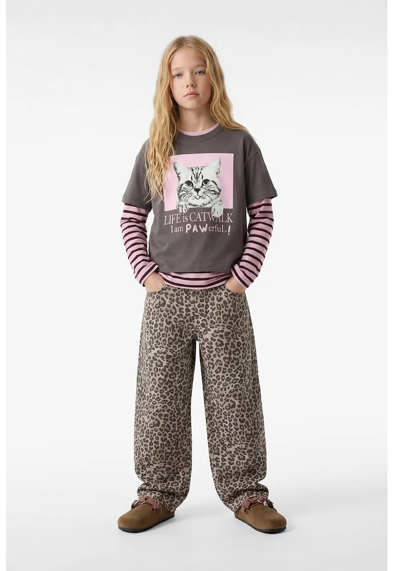 Tricou de bumbac cu imprimeu pisica, Gri carbune