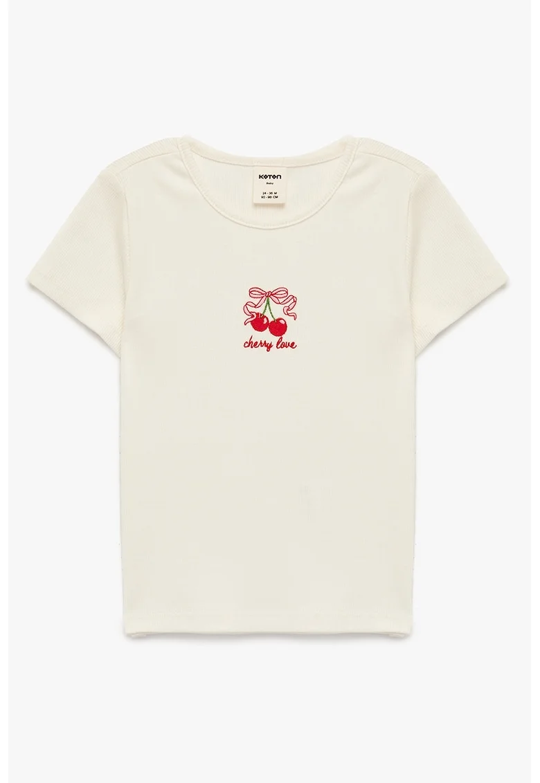 Tricou cu broderie cu cirese, Alb