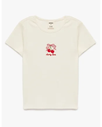 Tricou cu broderie cu cirese, Alb