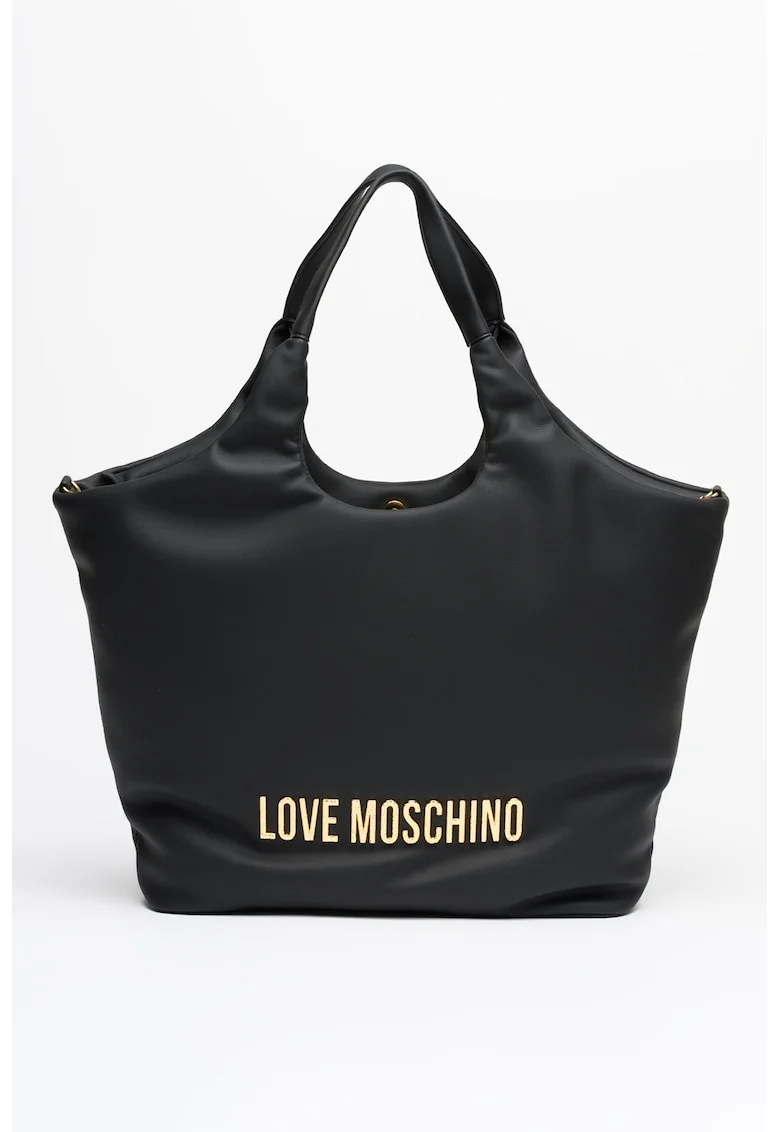 Geanta shopper din piele ecologica cu logo, Negru
