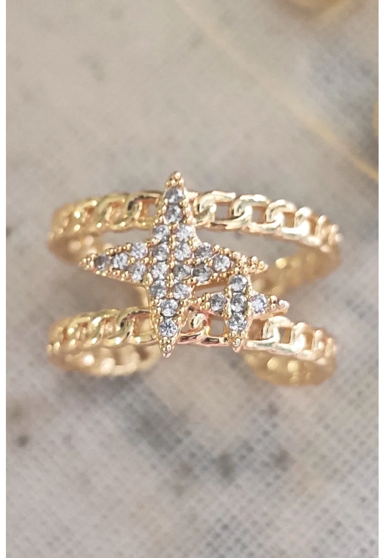 Inel cu stele decorate cu zirconia, fara inchidere, Auriu